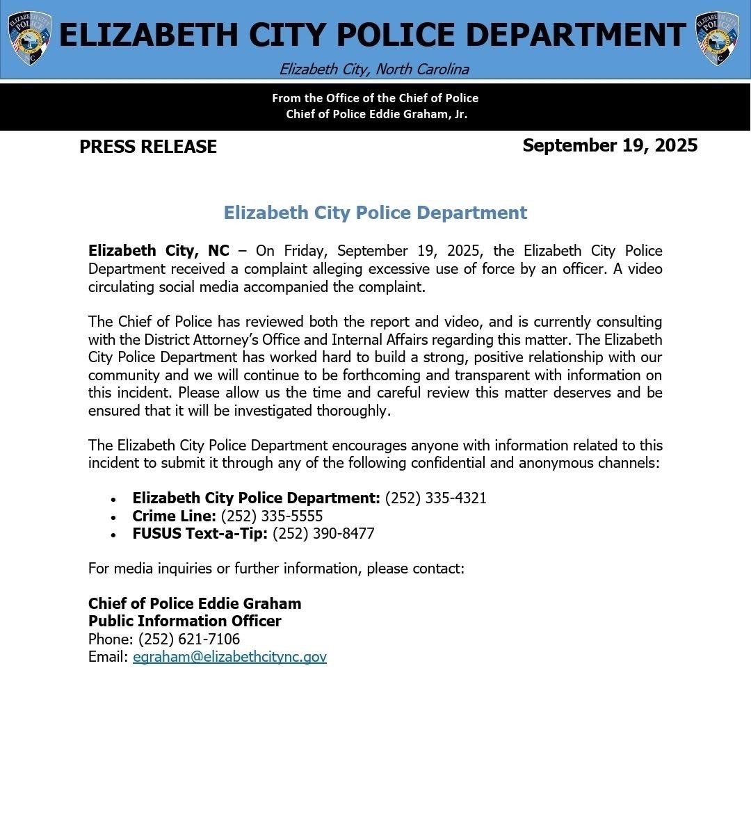 Elizabeth City Police Under Review After Excessive Force Complaint