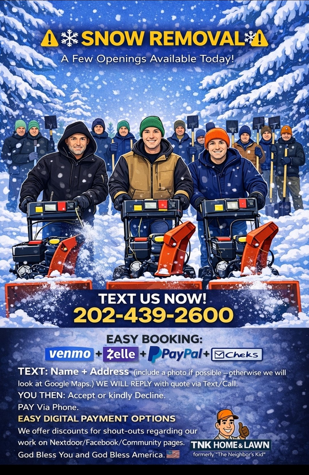 Yes! ❄️ Snow Removal, spots available for today⚠️